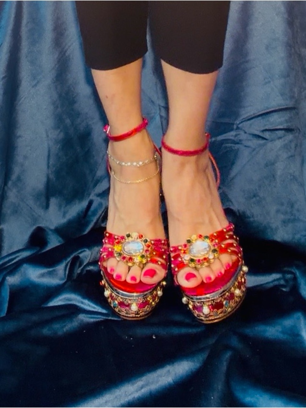 Red Jeweled Platform Sandals with Ankle Strap and Gem Accents